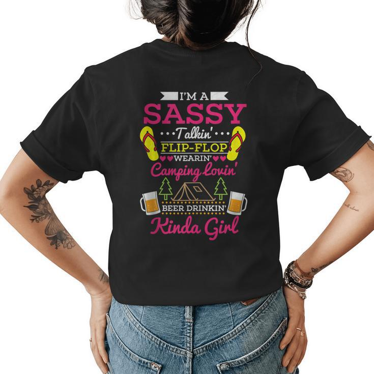 Sassy Flip Flop Camping Beer Drinking Girl Funny Summer Camp Womens Back Print T-shirt