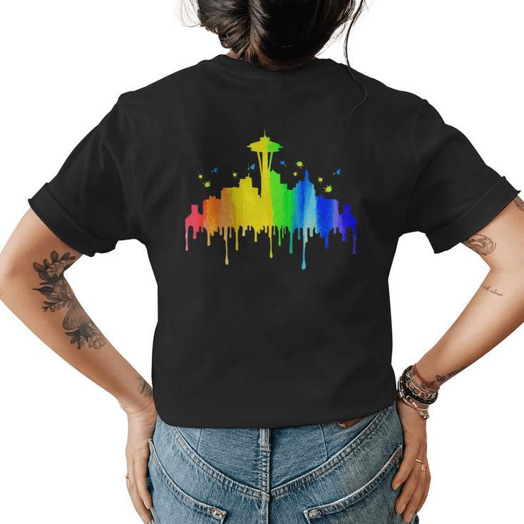Seattle Skyline - Rainbow Space Needle Gay Pride Month Gift   Womens Back Print T-shirt