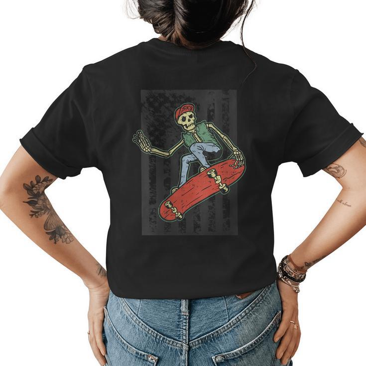 Skateboard Skateboarder Gift Vintage American Flag Skeleton  Womens Back Print T-shirt