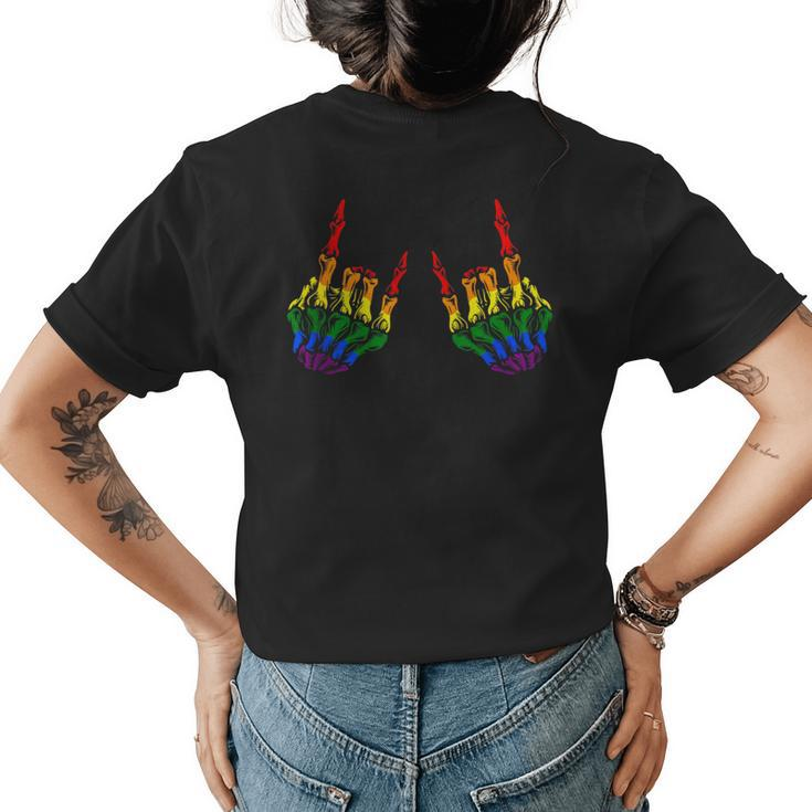 Skeleton Rock Hand Lgbt-Q Gay Pride Pround Ally Rainbow Flag  Womens Back Print T-shirt
