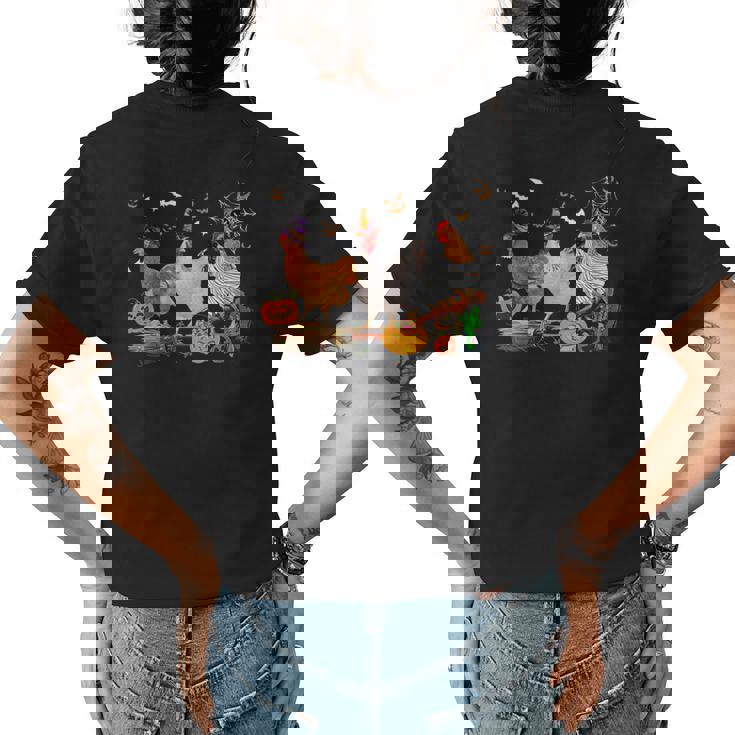 Three Chickens Halloween Mummy Witch Scary Pumpkins Farmer Womens Back Print T-shirt