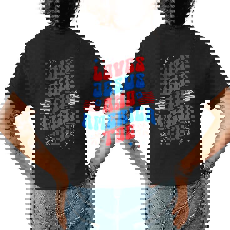 Vintage 70S Retro Loves Jesus And America Too  70S Vintage Designs Funny Gifts Womens Back Print T-shirt
