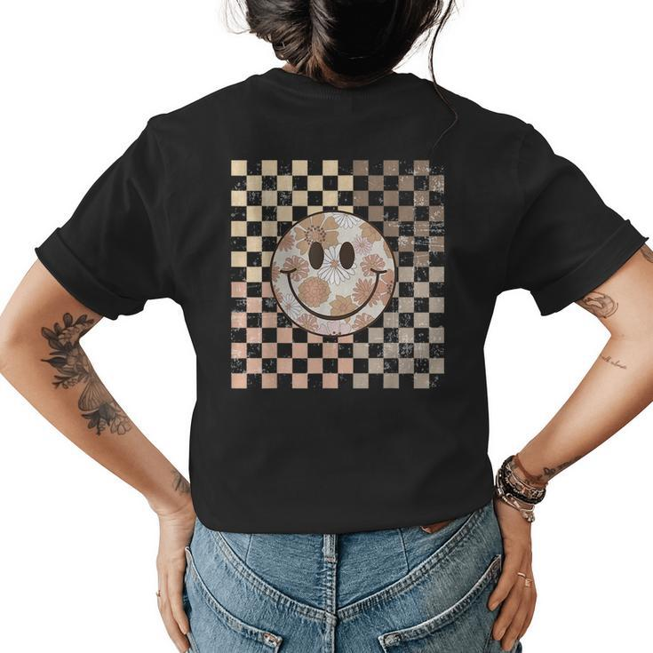 Vintage Hippie 60S 70S Smile Face Flower Retro Checkered  Womens Back Print T-shirt