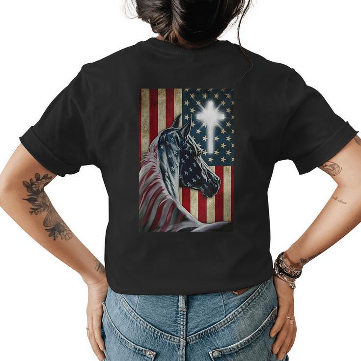 Western Cowboy Cowgirl Patriot Horse Jesus Cross Usa Flag Womens Back Print T-shirt