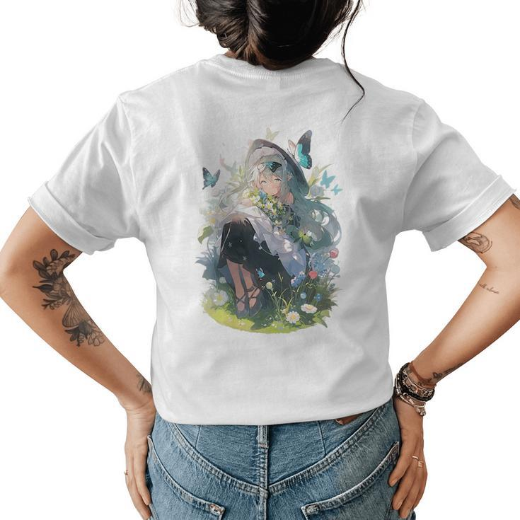Anime Kawaii Fairy In A Field Of Flowers And Butterflies  Womens Back Print T-shirt