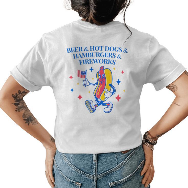 Beer & Hot Dogs & Hamburgers & Fireworks Funny 4Th Of July  Women's Crewneck Short Sleeve Back Print T-shirt