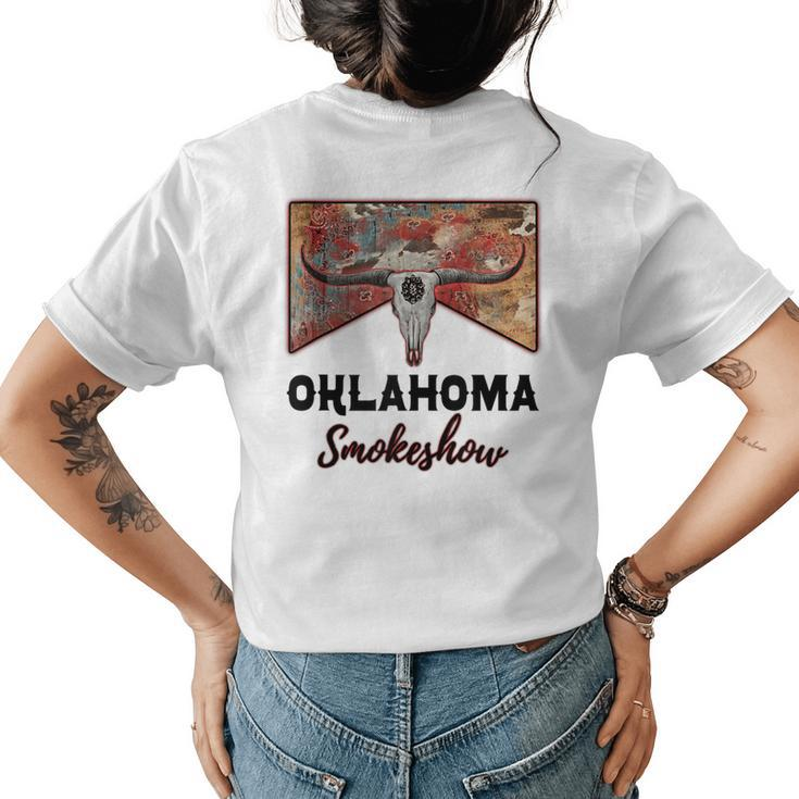 Boho Bull Skull Cow Print Oklahoma Smokeshow Western Country  Womens Back Print T-shirt