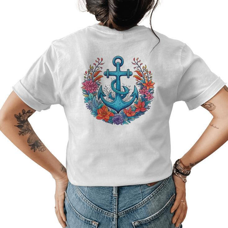 Colorful Flowers Designs Floral Nautical Sailing Boat Anchor  Womens Back Print T-shirt