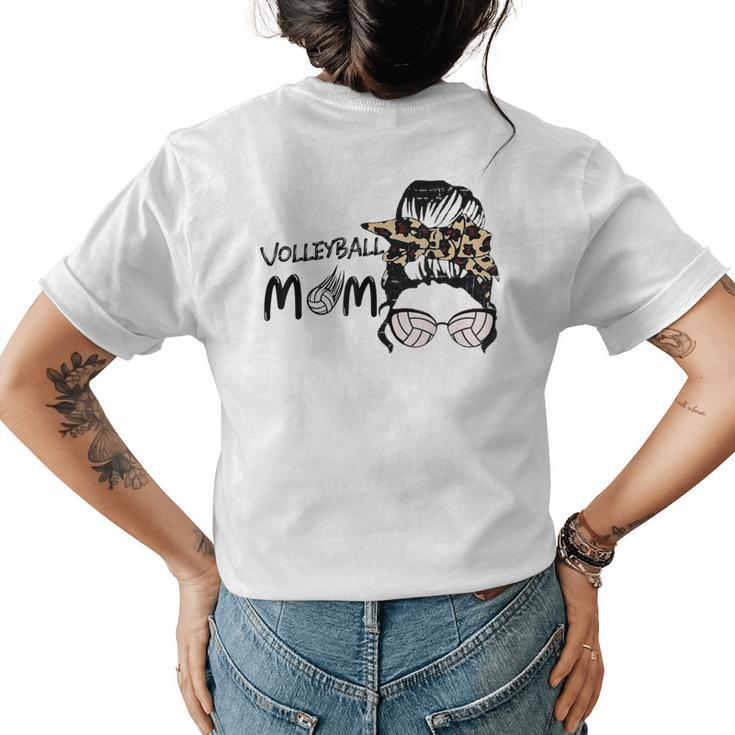 Cute Mothers Day Volleyball Mom Leopard Print Messy Bun Womens Back Print T-shirt