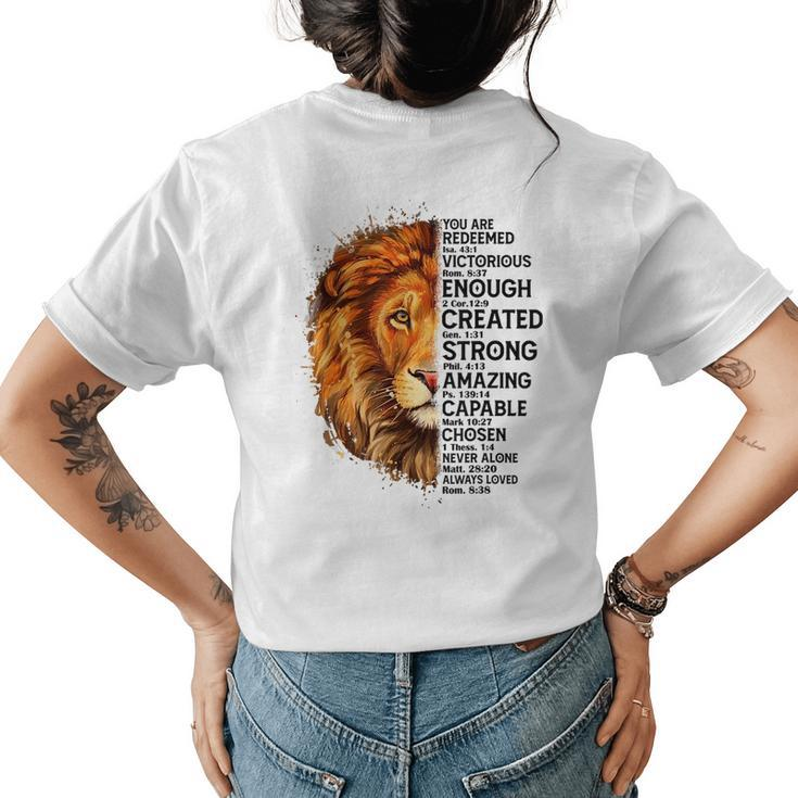 Lion Face You Are Redeemed Bible Verse Christian Faith Womens Back Print T-shirt