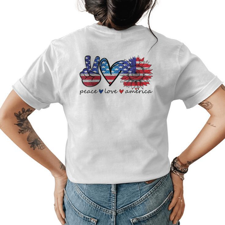 Peace Love America Sunflower 4Th Of July American Flag Women  Womens Back Print T-shirt