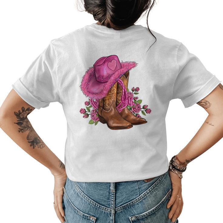 Pink Cowgirl Hat Cowgirl Boots Western Cowhide Rose Flowers  Womens Back Print T-shirt