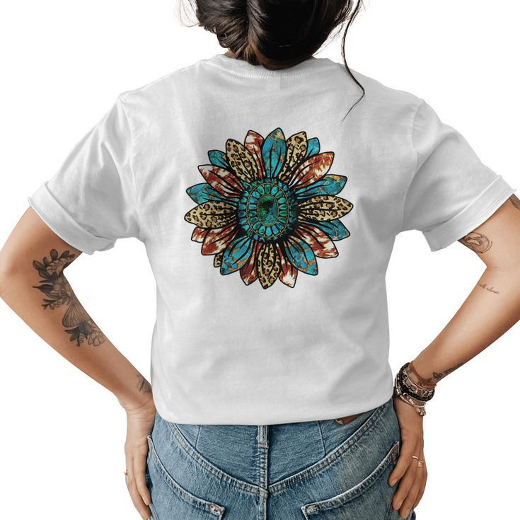 Western Country Texas Cowgirl Turquoise Cowhide Sunflower Womens Back Print T-shirt