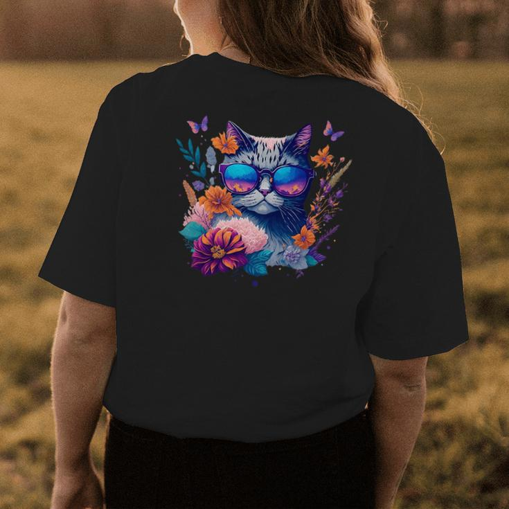 Cute Cat With Sunglasses Flowers & Butterflies Design Womens Back Print T-shirt Unique Gifts