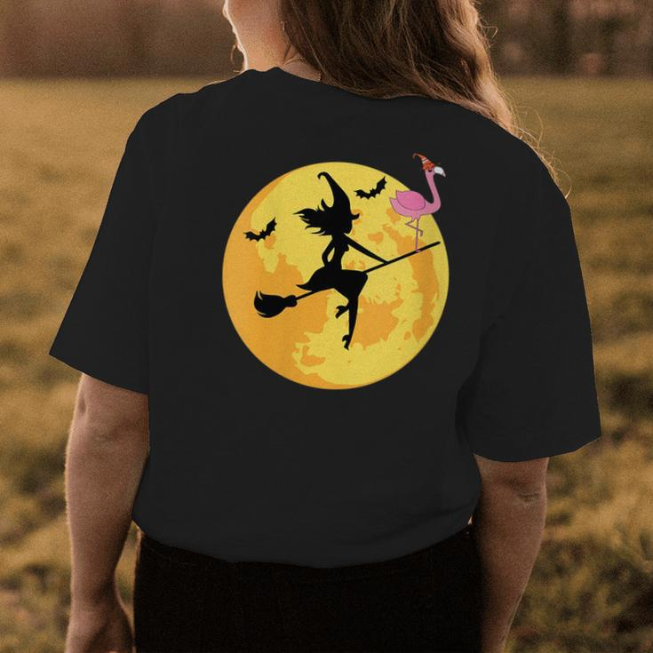 Halloween Flying Witch Broom Pink Flamingo Easy Costume Womens Back Print T-shirt Unique Gifts