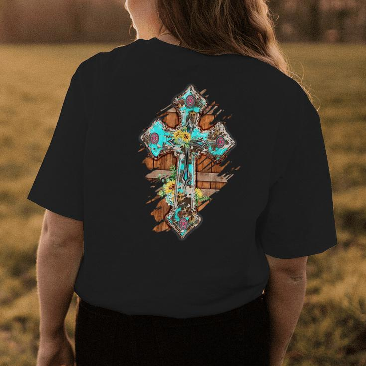 Western Boho Christian Turquoise Leopard Faith Cross Jesus Faith Funny Gifts Womens Back Print T-shirt Unique Gifts
