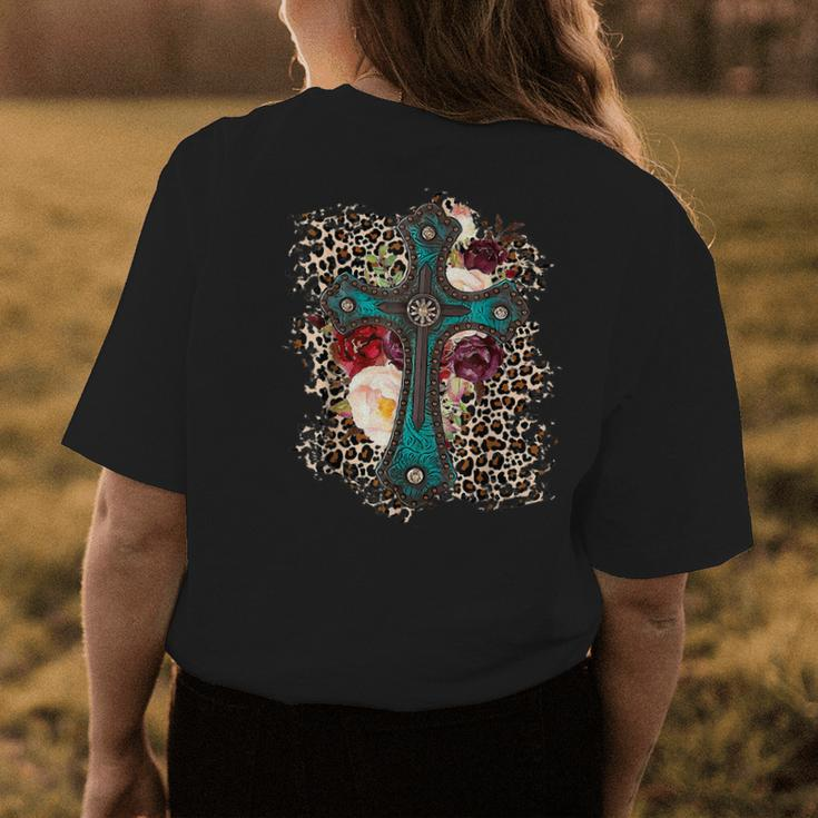 Western Leopard Flowers Cross Christian Cowgirl Womens Back Print T-shirt Unique Gifts