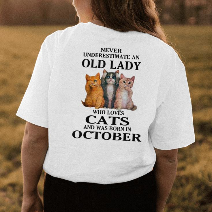 Never Underestimate An Old Lady Who Loves Cats Born October Womens Back Print T-shirt Unique Gifts