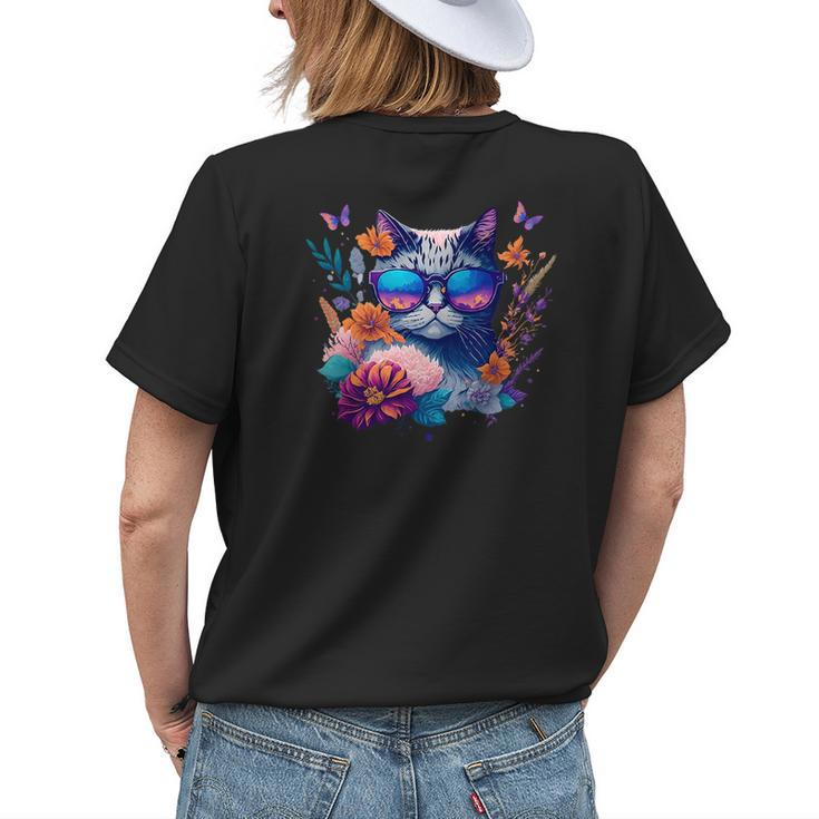 Cute Cat With Sunglasses Flowers & Butterflies Design Womens Back Print T-shirt Gifts for Her