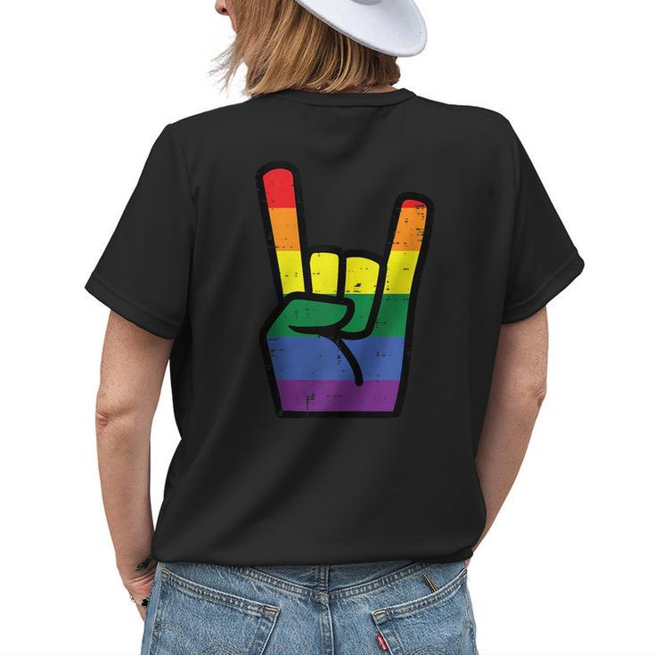 Gay Pride Rock Hand Rainbow Flag Lgbtq Rocker Boys Kids Men Womens Back Print T-shirt Gifts for Her