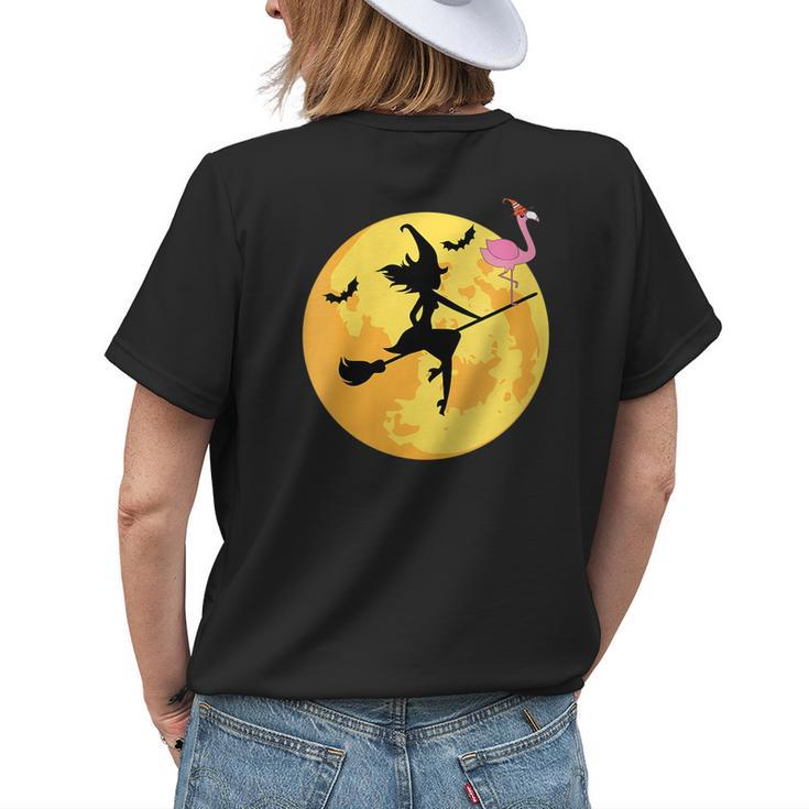 Halloween Flying Witch Broom Pink Flamingo Easy Costume Womens Back Print T-shirt Gifts for Her