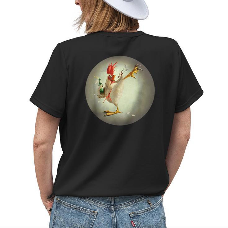 Kung Fu Rooster Fighting Chicken Funny Drinking Chicken Womens Back Print T-shirt Gifts for Her