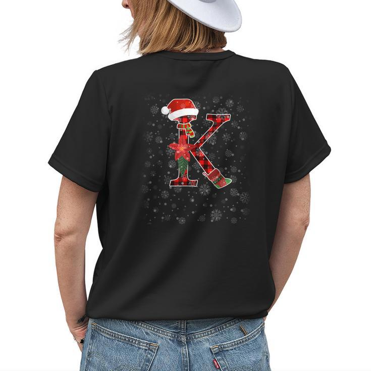 Letter K Red Plaid Buffalo Santa Hat Xmas Floral Womens Back Print T-shirt Gifts for Her