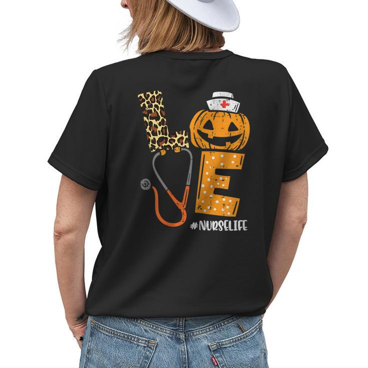 Love Nurse Life Pumpkin Leopard Fall Halloween Nurses Women Womens T-shirt Back Print Gifts for Her