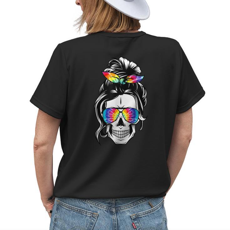 Messy Bun Skull Tie Dye Print Bandana Gift For Mom Womens Back Print T-shirt Gifts for Her