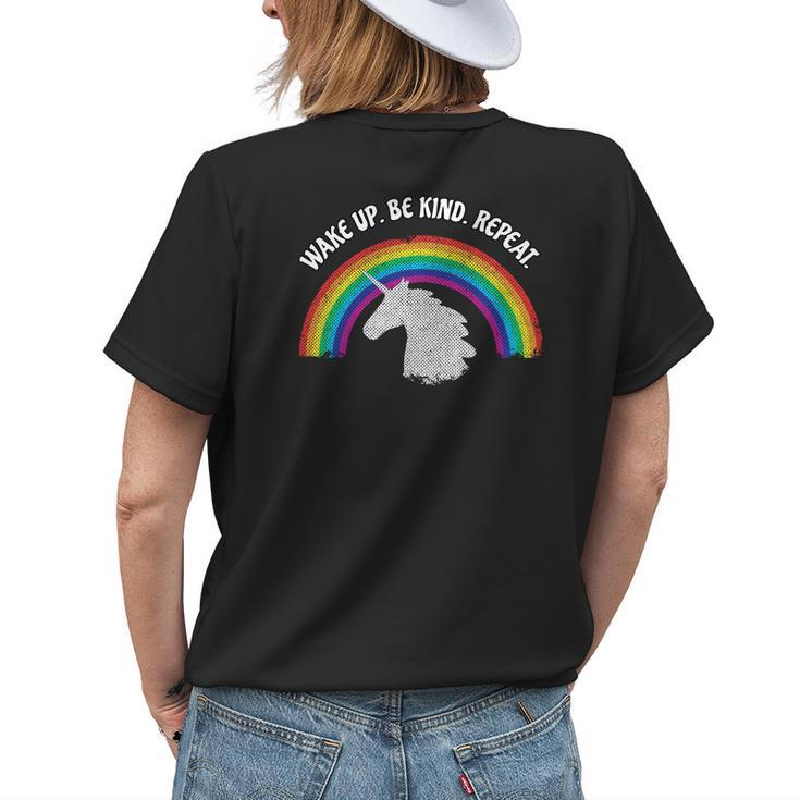 Wake Up Be Kind Repeat Kindness Rainbow UnicornWomens Back Print T-shirt Gifts for Her