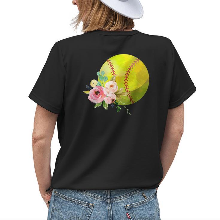 Watercolor Softball Boho Floral Softball Mom Womens Back Print T-shirt Gifts for Her