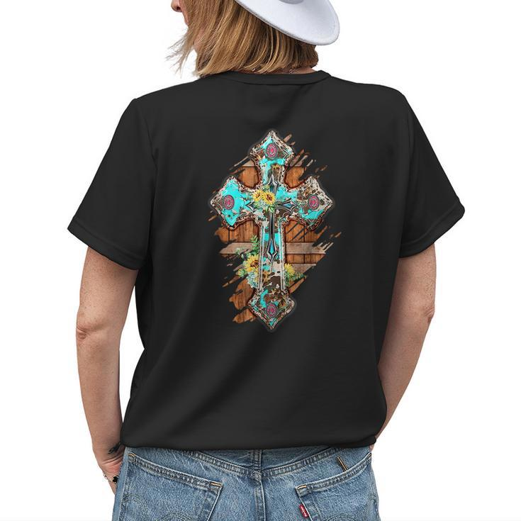 Western Boho Christian Turquoise Leopard Faith Cross Jesus Faith Funny Gifts Womens Back Print T-shirt Gifts for Her
