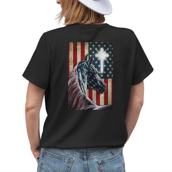 Western Cowboy Cowgirl Patriot Horse Jesus Cross Usa Flag Womens Back Print T-shirt Gifts for Her