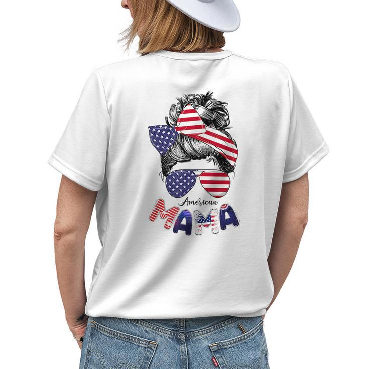 4Th Of July American Mama Messy Bun Mom Life Patriotic Mom Gifts For Mom Funny Gifts Womens Back Print T-shirt Gifts for Her