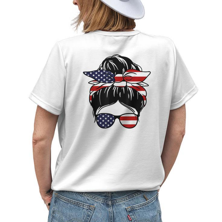 4Th Of July Messy Bun July Girl American Flag Girl Women Womens Back Print T-shirt Gifts for Her