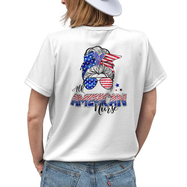 American Flag Patriotic Nurse Messy Bun 4Th Of July Womens Back Print T-shirt Gifts for Her