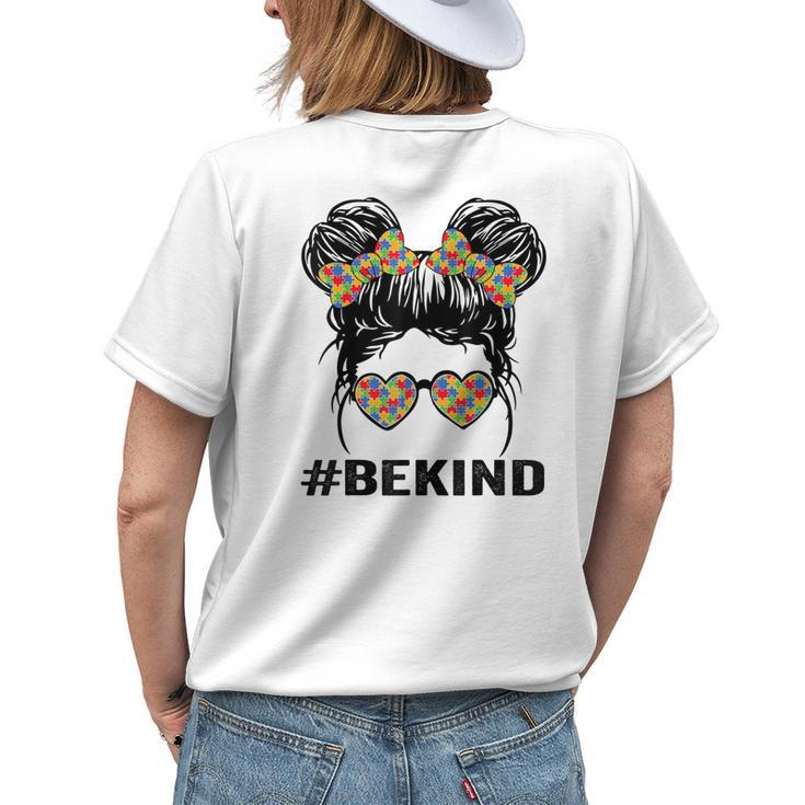 Autism Awareness Be Kind Messy Bun Glasses Autistic Support Womens Back Print T-shirt Gifts for Her