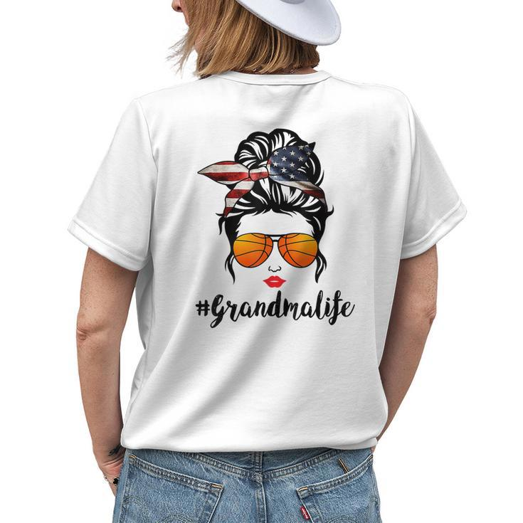 Basketball Grandma Life Messy Bun American Flag Bandana Womens Back Print T-shirt