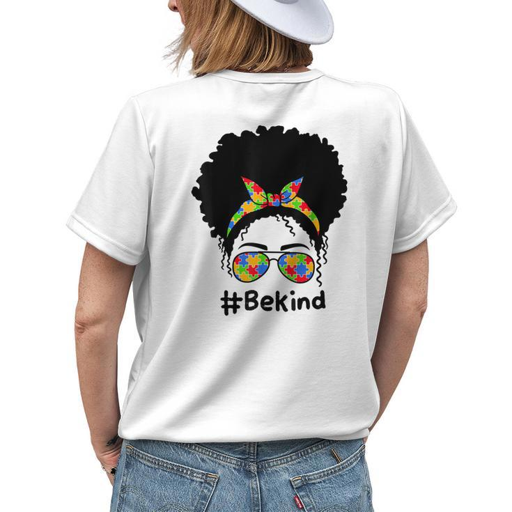 Be Kind Autism Awareness Messy Bun Girl Afro Woman Womens Back Print T-shirt Gifts for Her