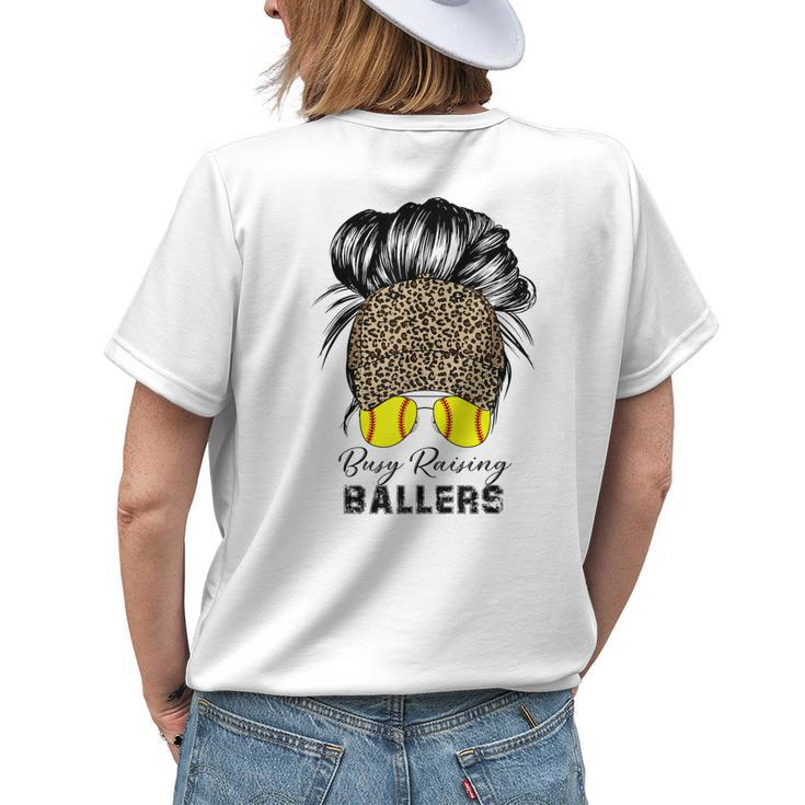 Busy Raising Ballers Softball Mom Bun Leopard Baseball Cap Womens Back Print T-shirt Gifts for Her