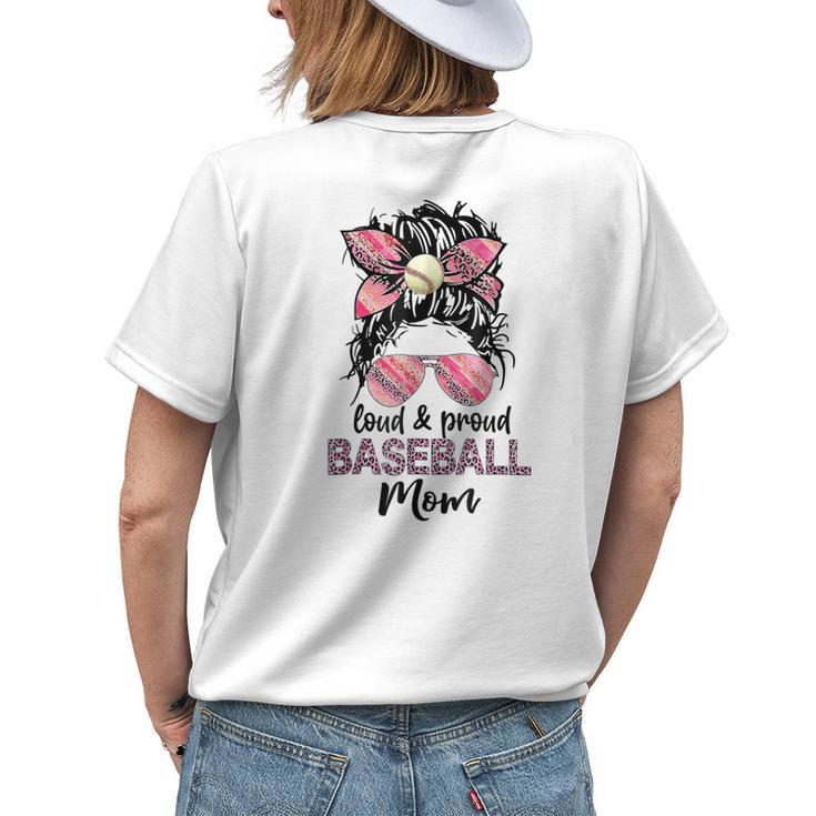 Loud And Proud Baseball Mom Life Messy Bun Leopard Womens Back Print T-shirt Gifts for Her