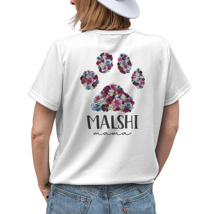 Malshi Mama Maltese Shih Tzu Floral Paw Dog Mom Womens Back Print T-shirt Gifts for Her