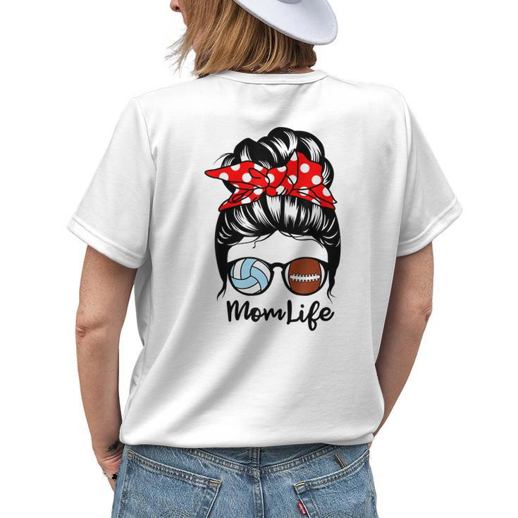 Mom Life Messy Bun Hair Funny Football Volleyball Mom Womens Back Print T-shirt Gifts for Her