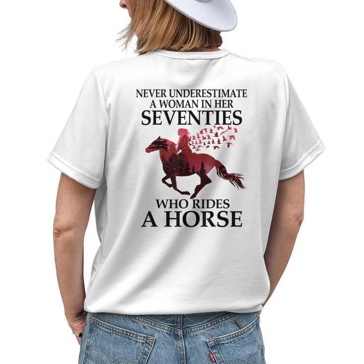 Never Underestimate A Woman In Her Seventies Rides A Horse Womens Back Print T-shirt Gifts for Her