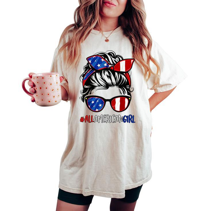 All American Girl 4Th Of July  Women Messy Bun Usa Flag  Women's Oversized Graphic Print Comfort T-shirt