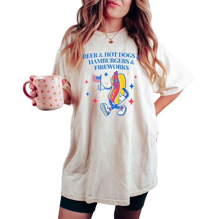 Beer & Hot Dogs & Hamburgers & Fireworks Funny 4Th Of July  Women's Oversized Graphic Print Comfort T-shirt