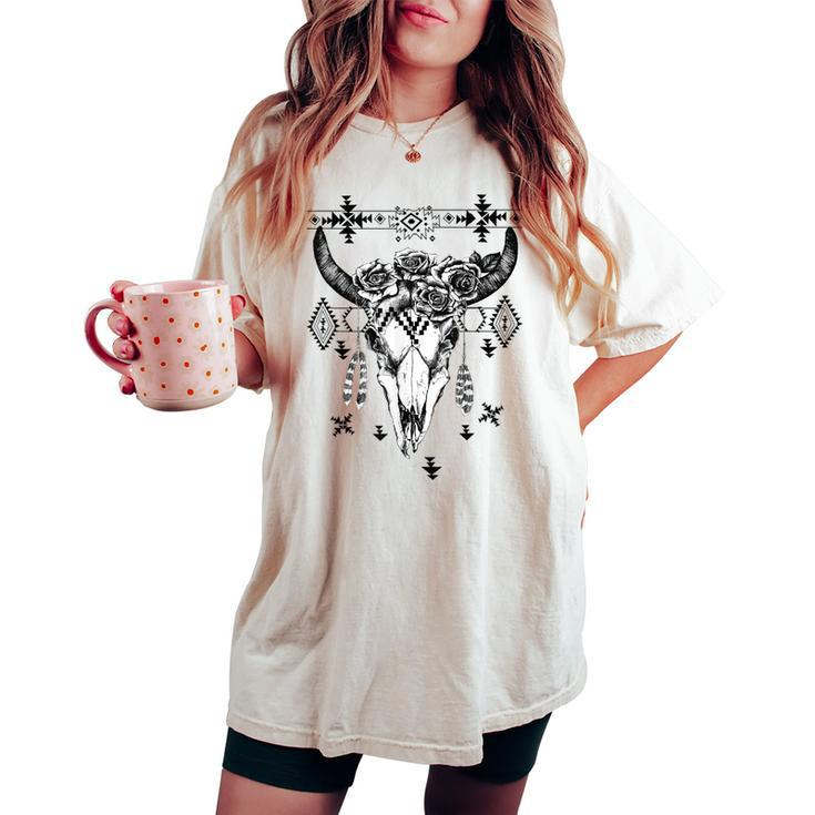 Boho Cow Bull Skull With Rose For Girl And Women Women's Oversized Comfort T-shirt