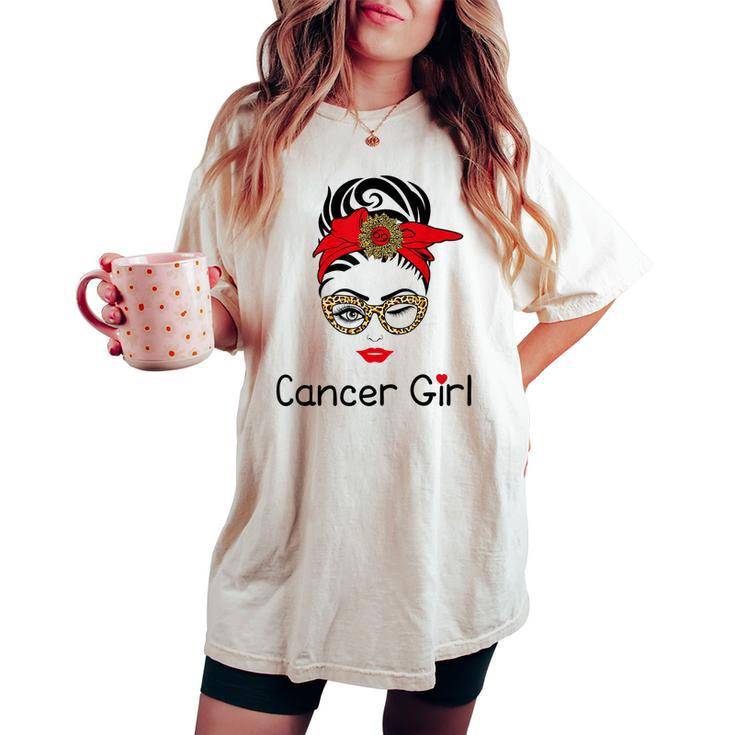 Cancer Girl Leopard Sunflower Zodiac Birthday Girl Women's Oversized Comfort T-shirt