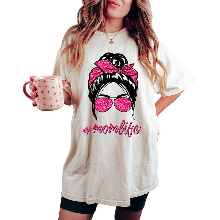 Mom Life Messy Hair Bun Pink Leopard Print Women Women's Oversized Comfort T-shirt