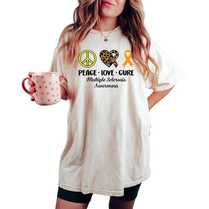 Multiple Sclerosis Awareness Peace Love Leopard Heart Ribbon Women's Oversized Comfort T-shirt